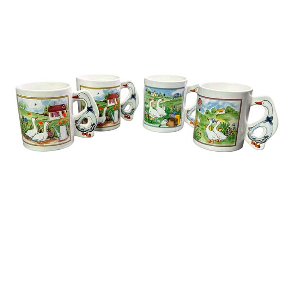 Vintage Duck Mug  stoneware Made In Japan White Ducks set of 4 - Picture 1 of 9